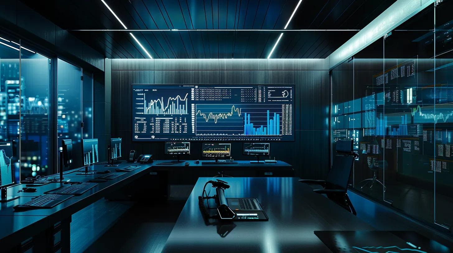 a sleek, modern office workspace is illuminated by bright, focused lighting, showcasing a large monitor displaying intricate graphs and analytics that highlight crucial technical seo metrics, creating a vibrant atmosphere of strategic digital innovation.
