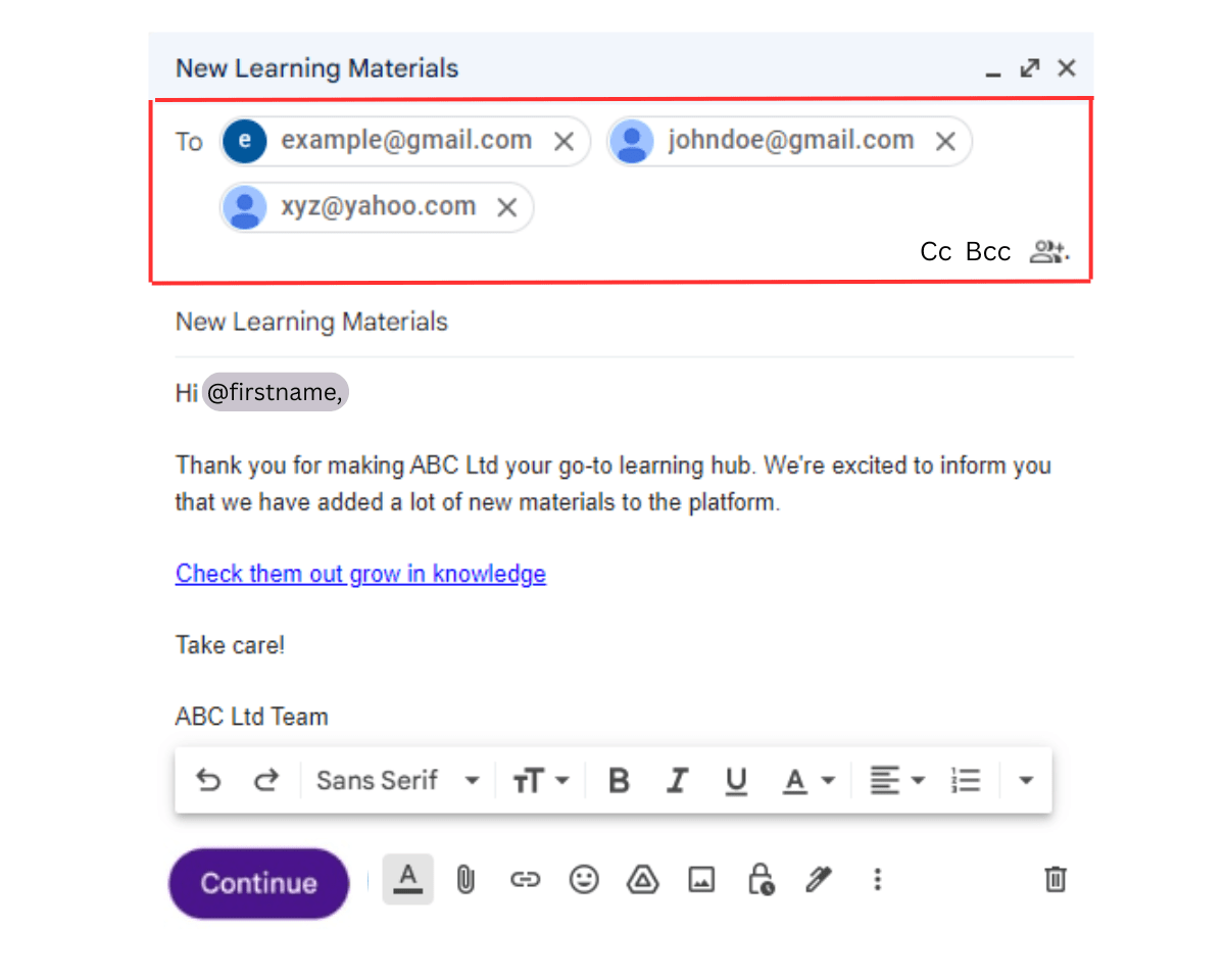 How to Mail merge with CC or BCC using Gmail: After creating your email template, and recipients