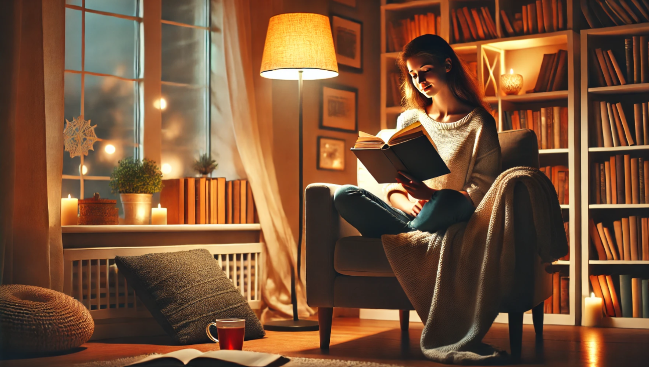 The image features a young woman engrossed in reading a book while sitting comfortably in an armchair draped with a knitted blanket. She is wearing a casual, loose sweater and jeans, with her hair pulled back neatly. The room is warmly lit by a floor lamp, creating a cozy atmosphere. The background reveals a well-stocked bookshelf and a window with a view of a snowy scene outside, complemented by a mug of hot beverage on a small table and decorative items that add a homely touch.