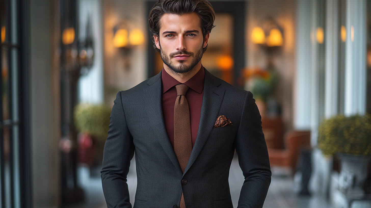 A man wearing black suit with a red shirt with a brown tie, creating a sophisticated and formal vibe, displayed in an elegant setting.