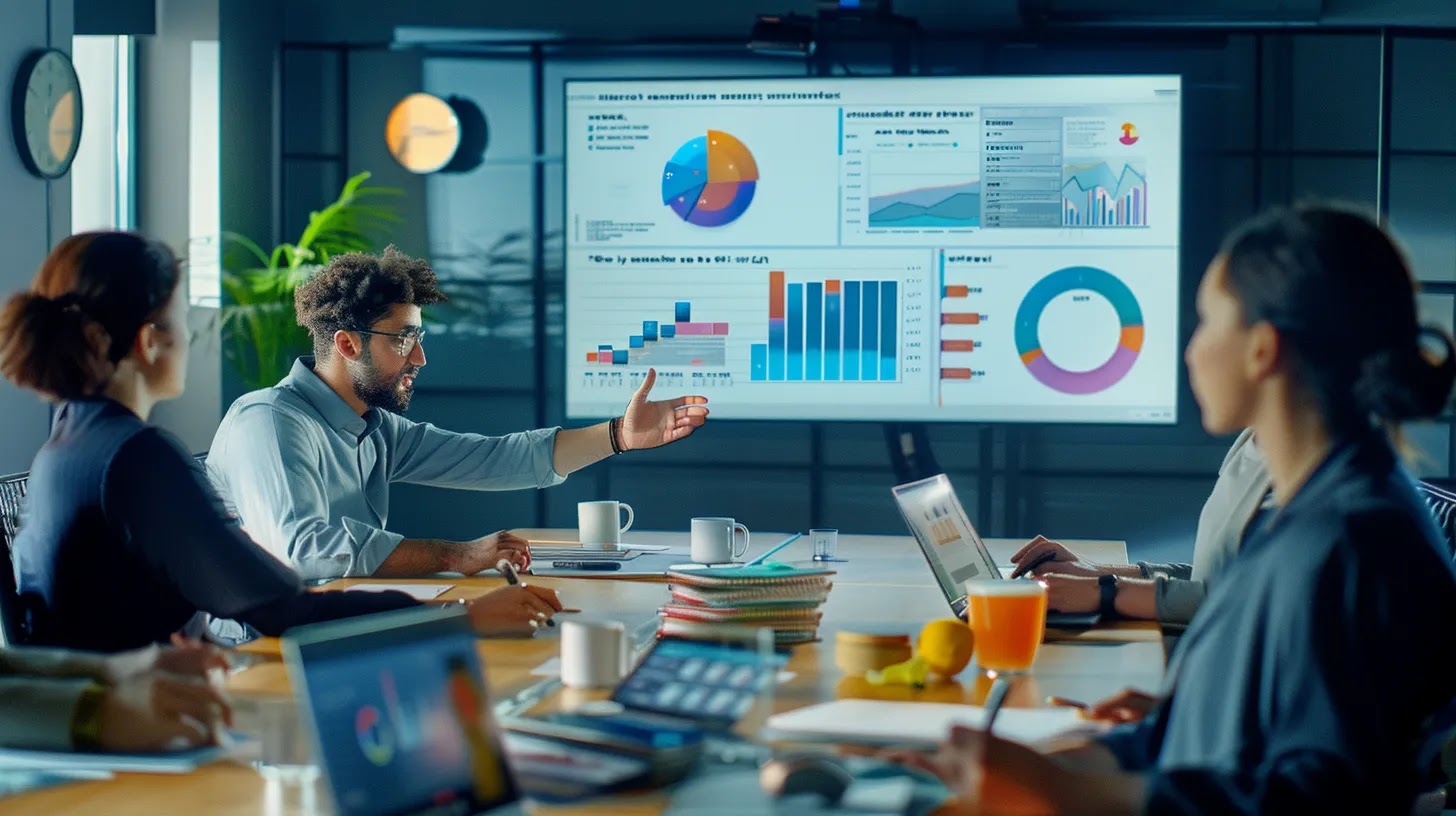 a vivid and modern office setting showcases a dynamic presentation on a sleek digital screen, featuring vibrant colour palettes and engaging visual elements that embody langosta's brand narrative and impact.