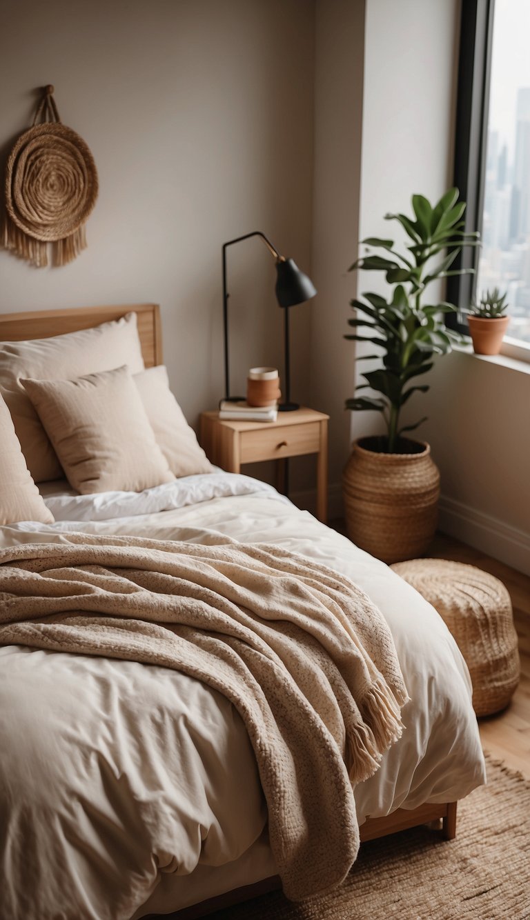 A cozy bed with soft beige bedding in a neutral bedroom, adorned with minimalistic decor and natural light streaming in through the window