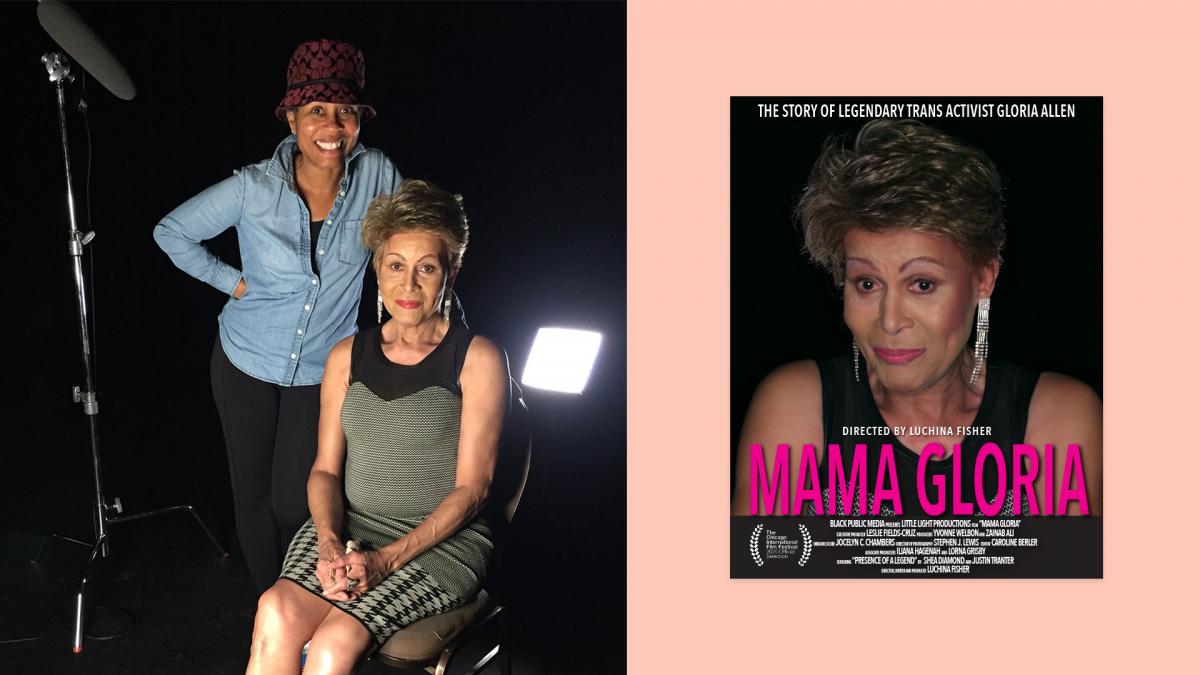 A on the left is a photo of Gloria Allen sitting down with Luchina Fisher beside her on the set of Mama Gloria. Mama Gloria’s film poster is on the right.