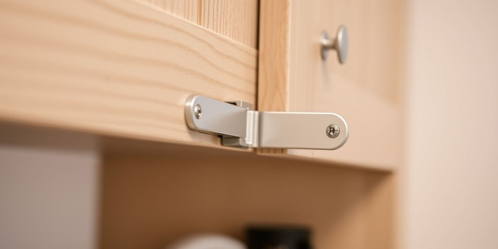 Close-up of a self-closing hinge on a cabinet.