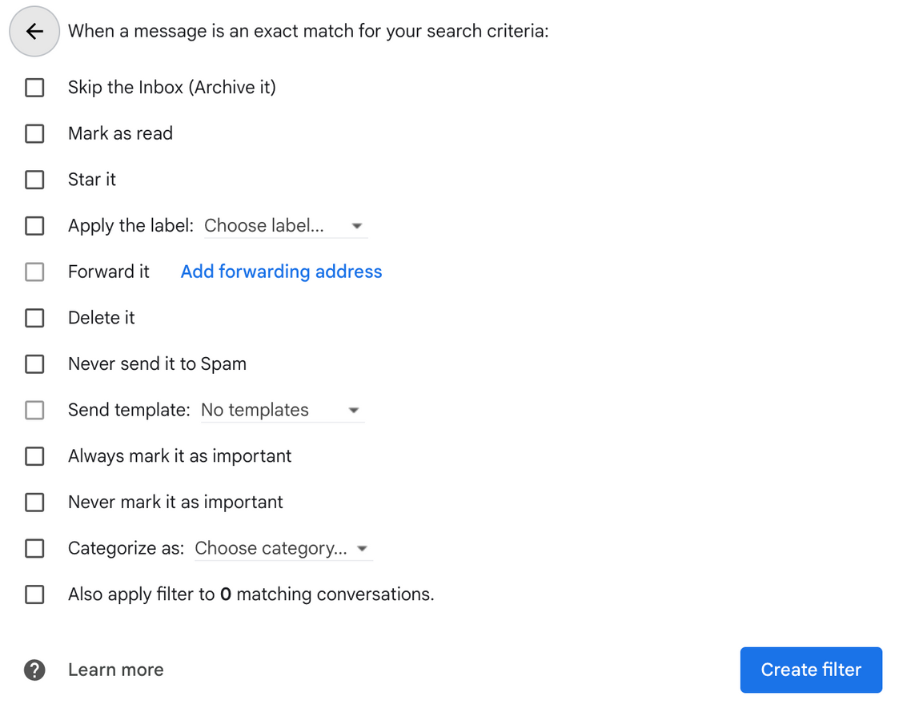 a window showing options for what to do with emails that match your filter