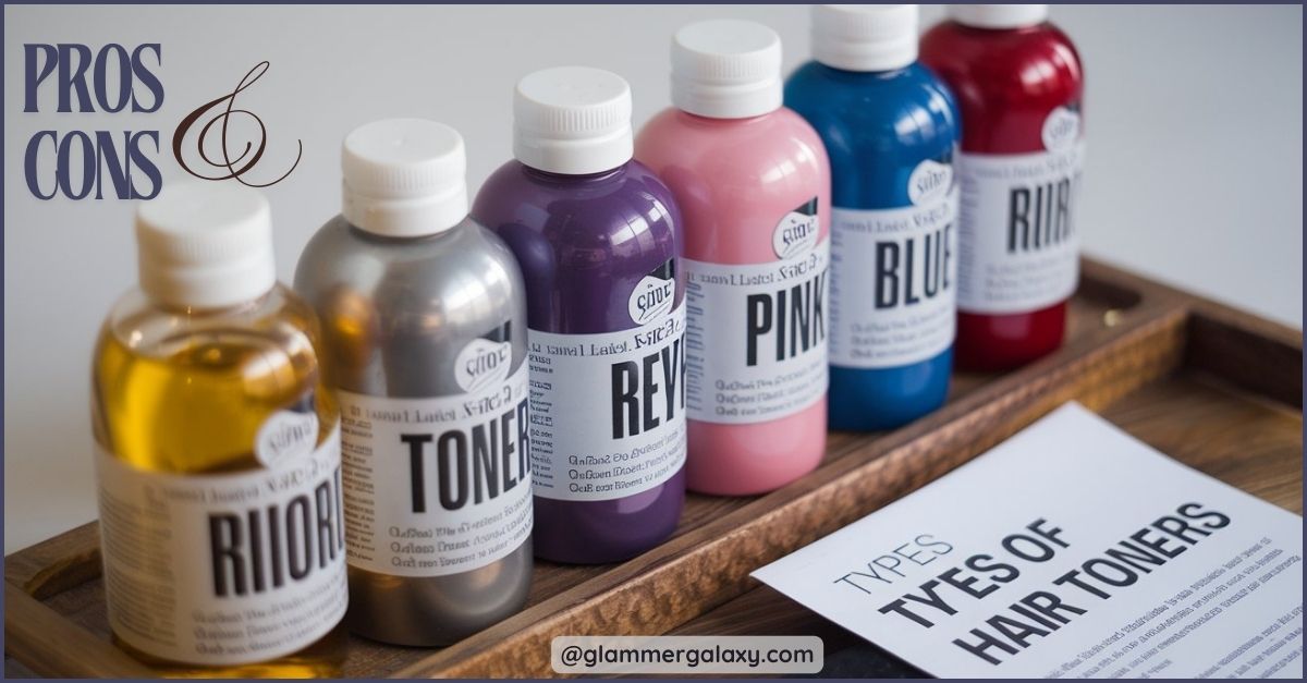 Six hair toner bottles with labels, on a wooden tray beside a paper titled “TYPES OF HAIR TONERS.”