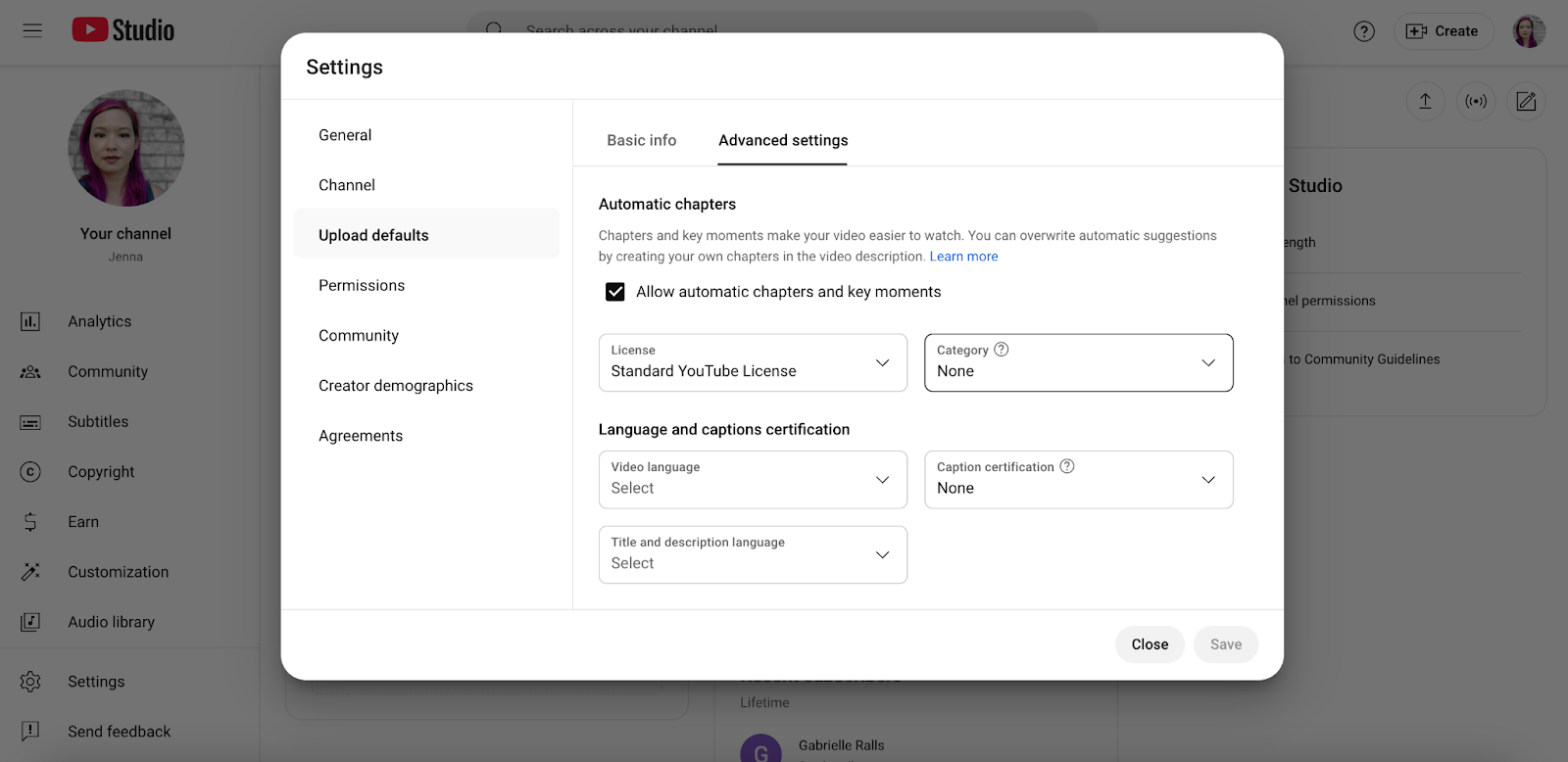 A dialog box titled "Settings," displayed over the YouTube Studio page. Options include: General, Channel, Upload defaults, Permissions, Community, Creator demogrphics, and Agreements.