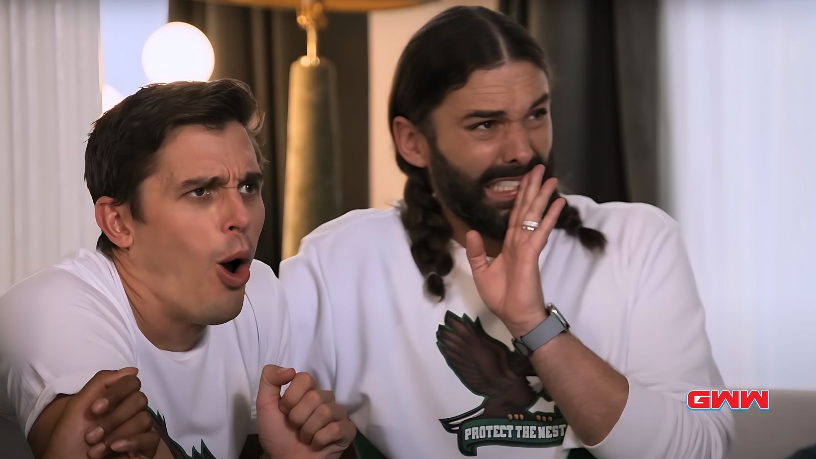 Antoni Porowski and Jonathan Van Ness in a surprised reaction moment.