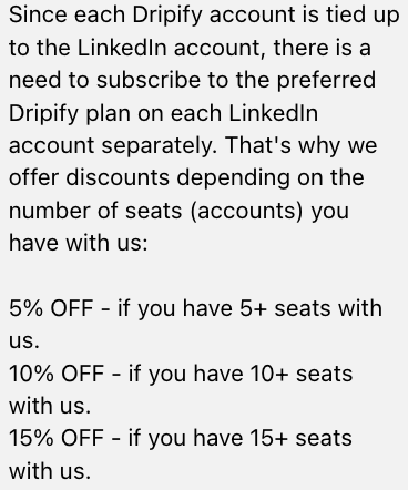 What the Dripify support team says about additional profile seats.