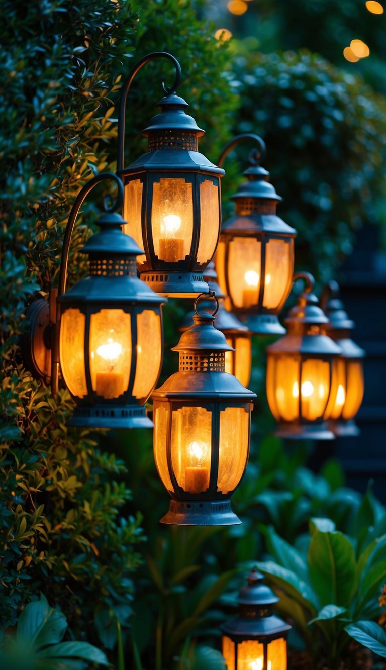 A cluster of vintage garden lanterns illuminating a lush corner garden