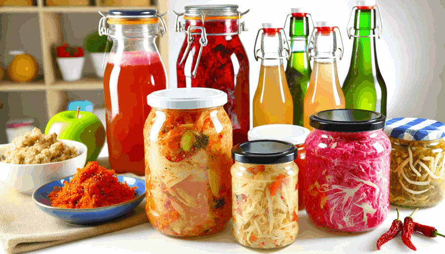 A variety of fermented foods, such as kimchi, kombucha, and sauerkraut, displayed in colorful jars and bottles.