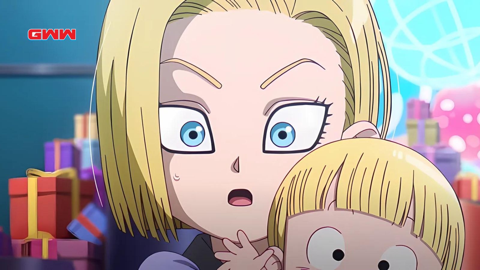 Android 18 holding Marron, both surprised in Dragon Ball Daima festive scene