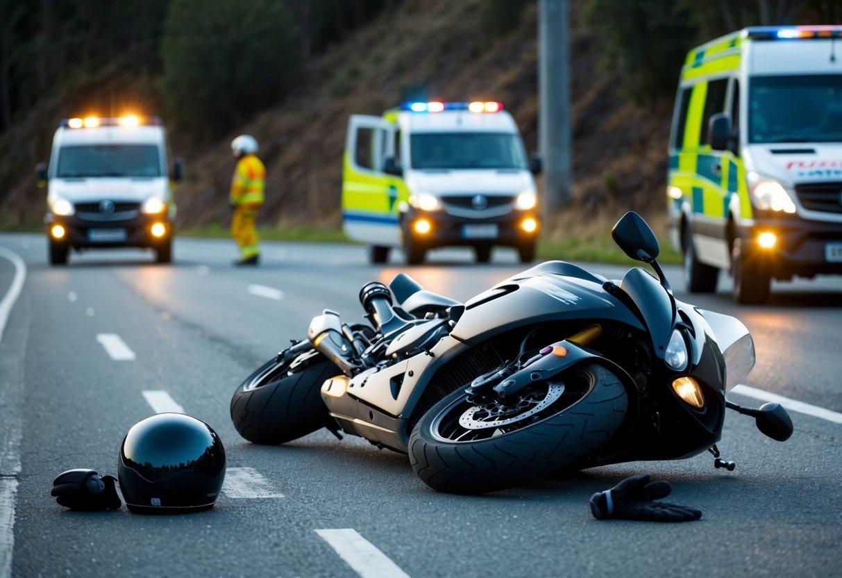 A motorcycle lies on its side on the road. A helmet and gloves are scattered nearby. Emergency vehicles approach the scene