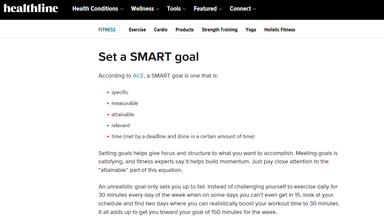 Healthline's article linking to ACE, a fitness site.