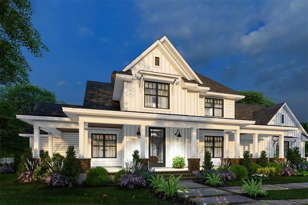 Night rendering of the two-story 4-bedroom modern farmhouse.