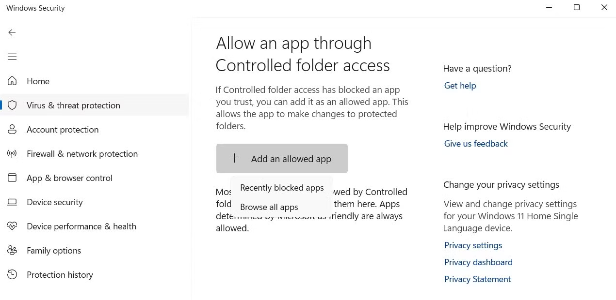 [アクセス制御フォルダー]Allow apps through controlled folder access.