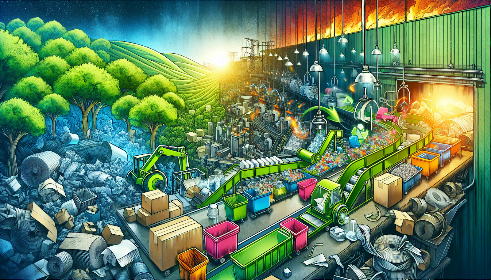 Illustration of recycling various materials like paper, cardboard, glass, and plastics