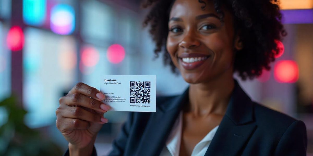 A woman holding a business card with a QR Code on it.