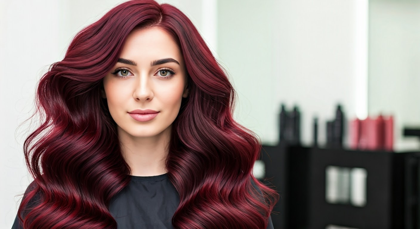 Woman with burgundy balayage hair