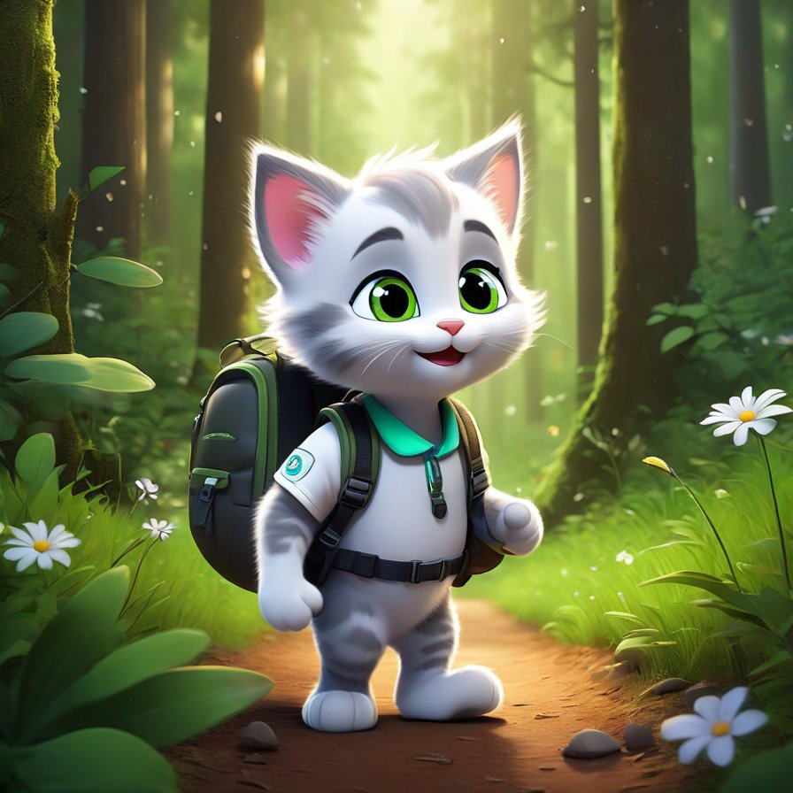 a small grey and white kitten with bright green eyes and a curious expression, with a little backpack full of supplies, walking in a dense forest surrounded by tall trees, with a narrow path and wildflowers underfoot.