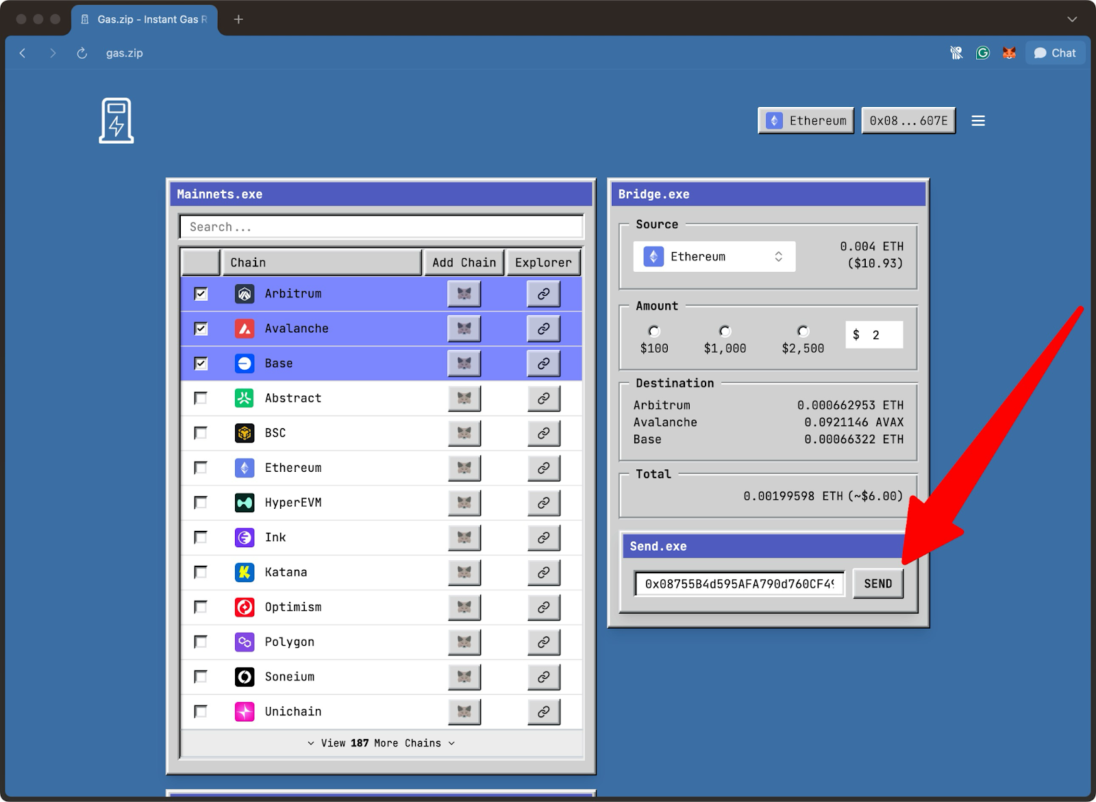 Gas.zip interface showing Ethereum-to-multichain gas bridging setup with Arbitrum, Avalanche, and Base selected, and user ready to execute transaction via SEND button in retro-styled UI