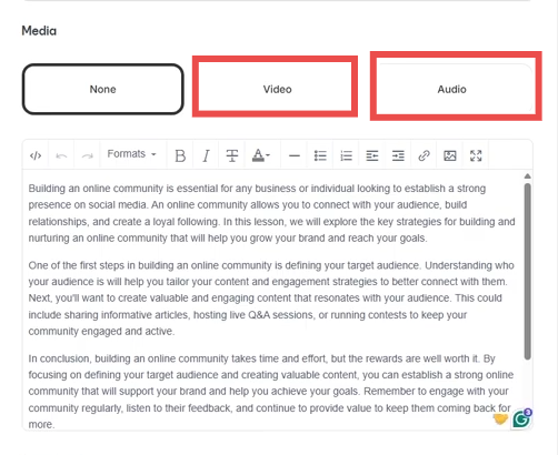Kajabi lesson types limited to video audio and text.