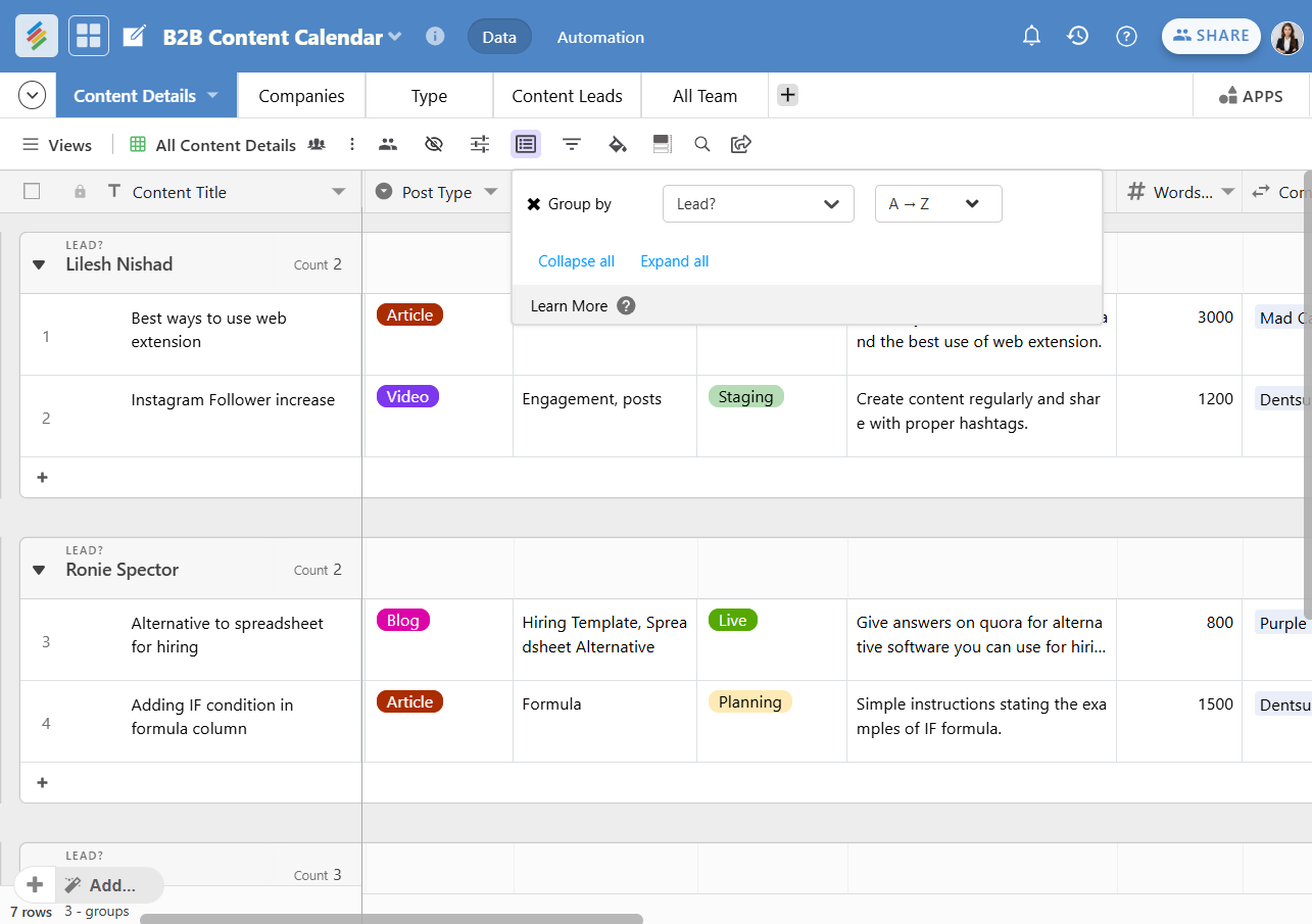 Apply Filters to group content by platform or owner.