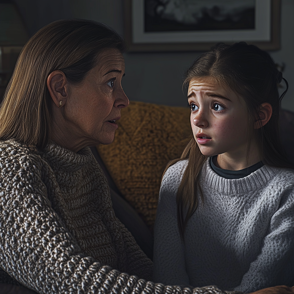 A concerned woman talking to her scared child | Source: Midjourney