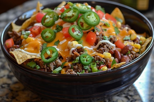 A bowl of seasoned ground beef topped with melted cheese, jalapeño slices, diced tomatoes, corn, and beans