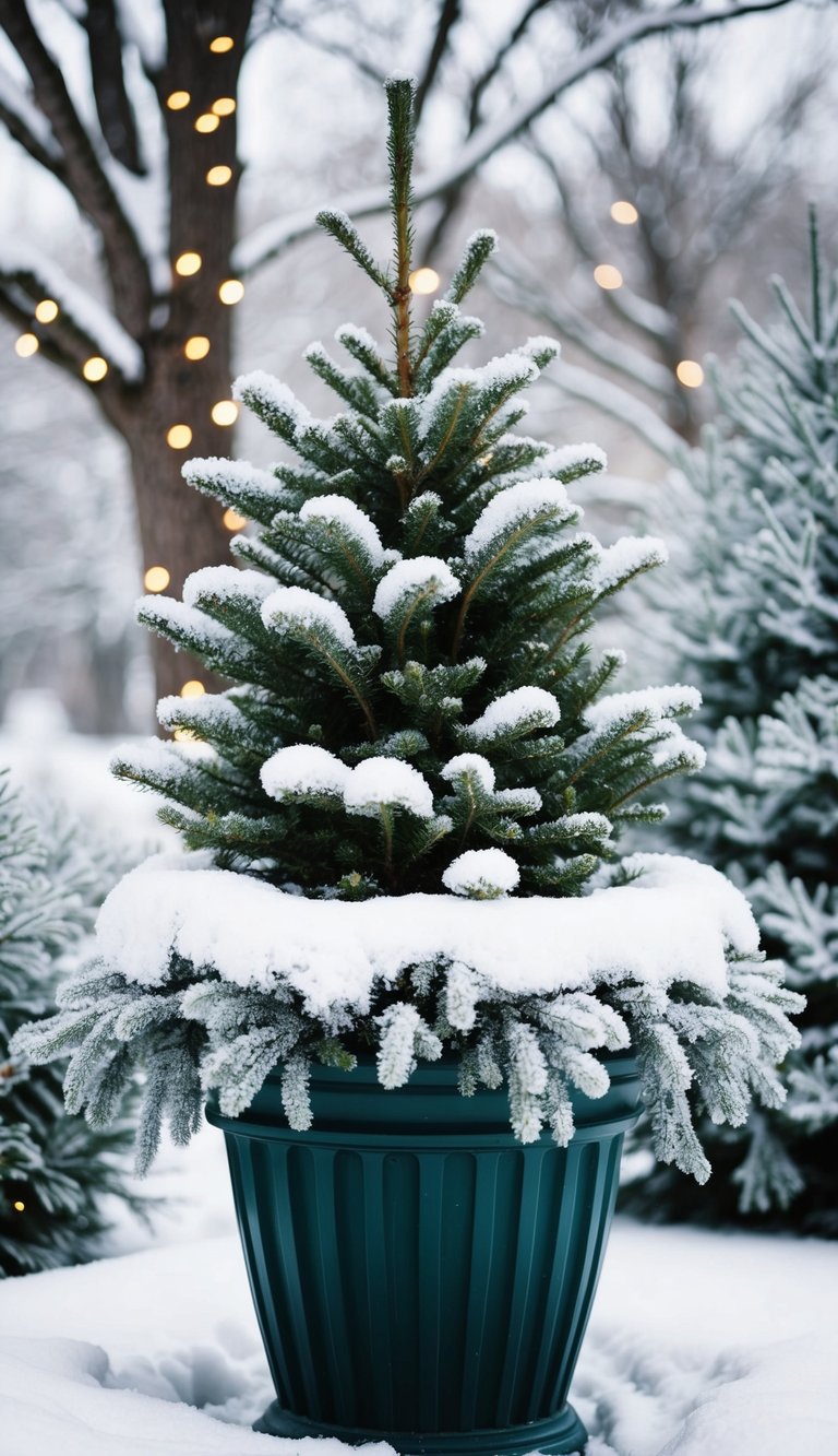 A snow-covered evergreen planter surrounded by frosty winter foliage and twinkling lights