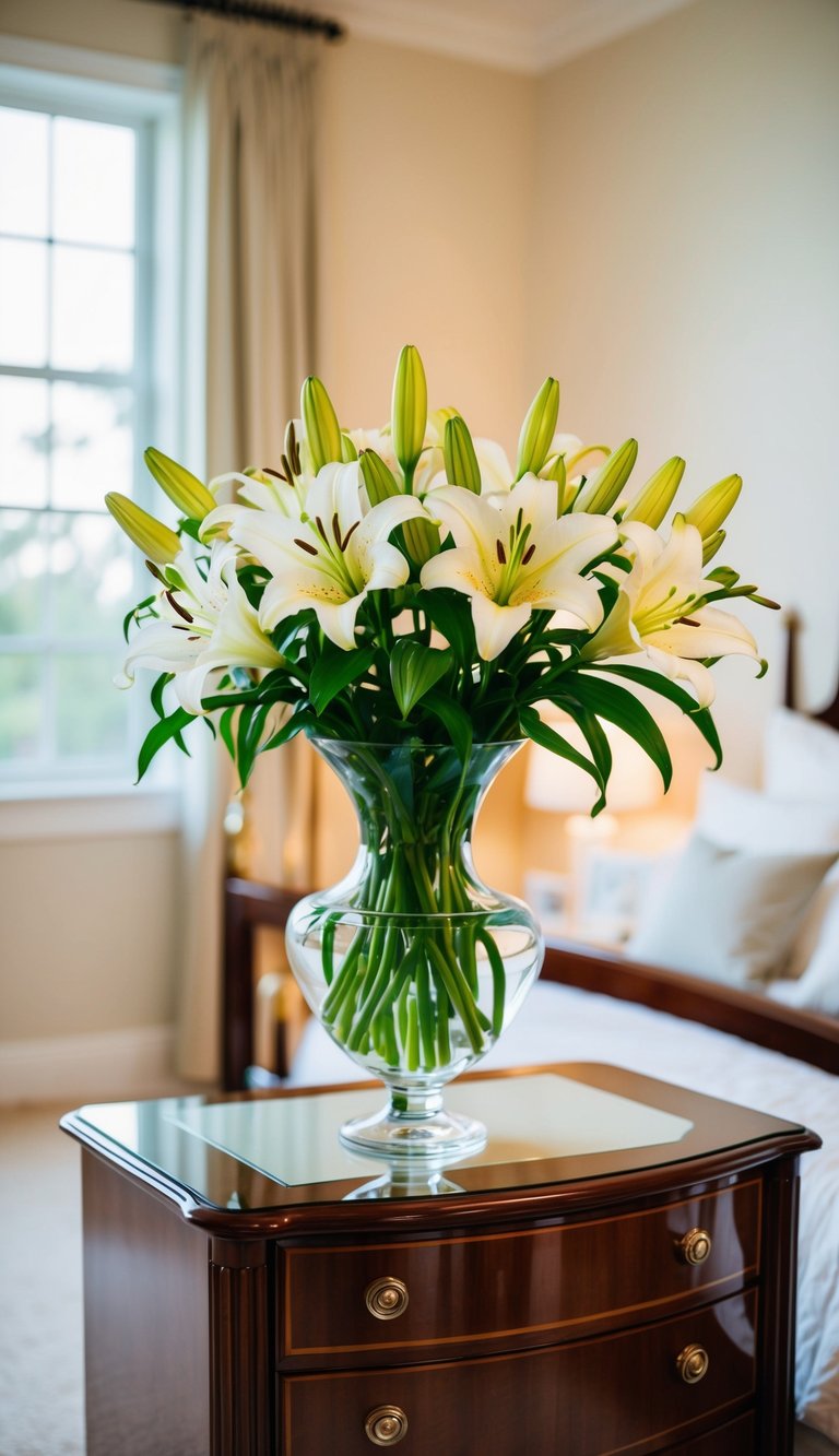 A glass vase filled with lilies sits on a polished wooden dresser in a softly lit master bedroom, creating a romantic and serene atmosphere