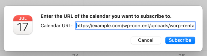 Popup of the MacOS app that is requesting the Calendar Feed URL of the Dashboard Calendar page of the Rental Products for WooCommerce extension.