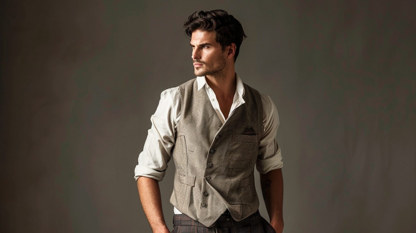 A stylish man wearing a single-breasted suit vest with a V-neckline and one row of buttons, paired with dress trousers and a collared shirt, no jacket, modern fashion studio backdrop, neutral lighting, classic menswear look