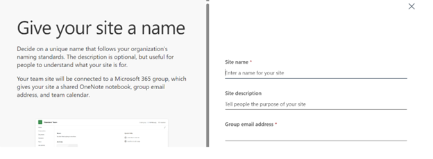 The SharePoint interface for creating a new site, where users are prompted to give the site a name and description.