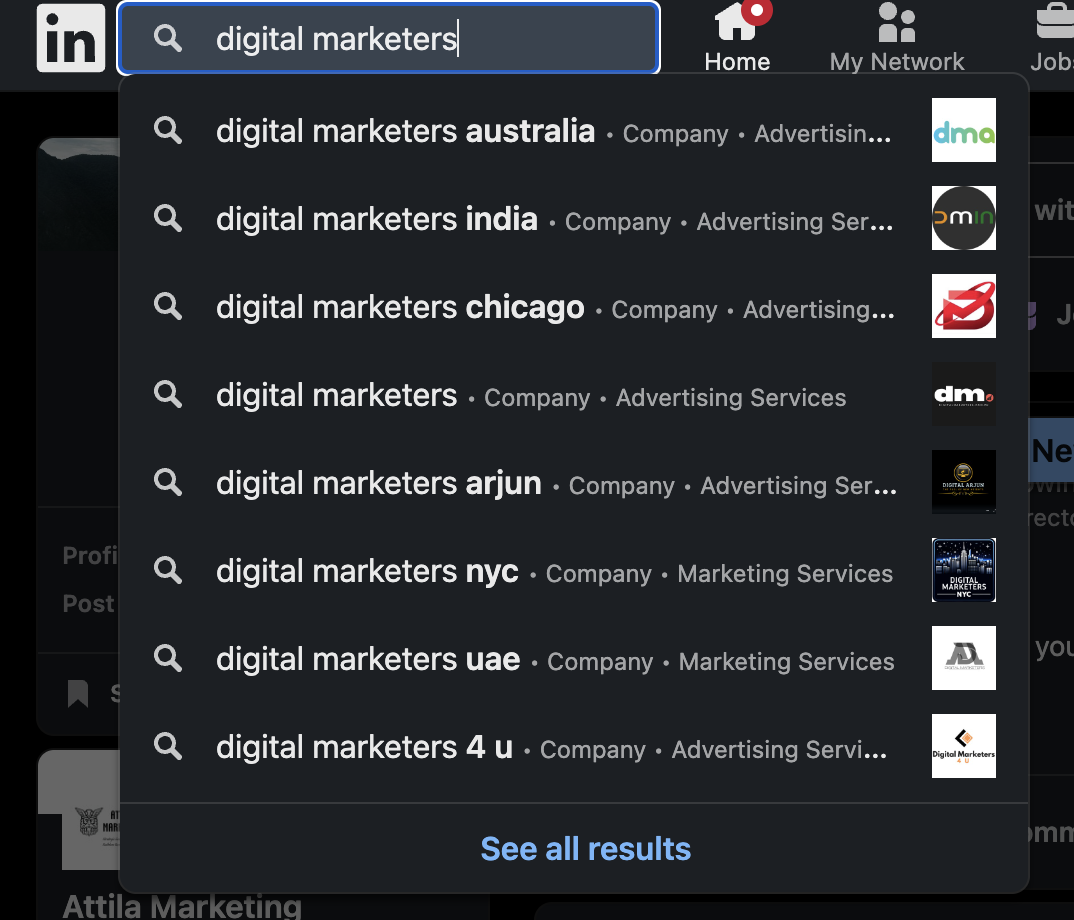 Typing in a sample keyword in LinkedIn search.