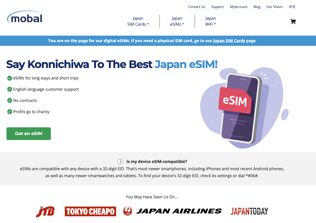 A screenshot of the Mobal eSIM homepage for Japan