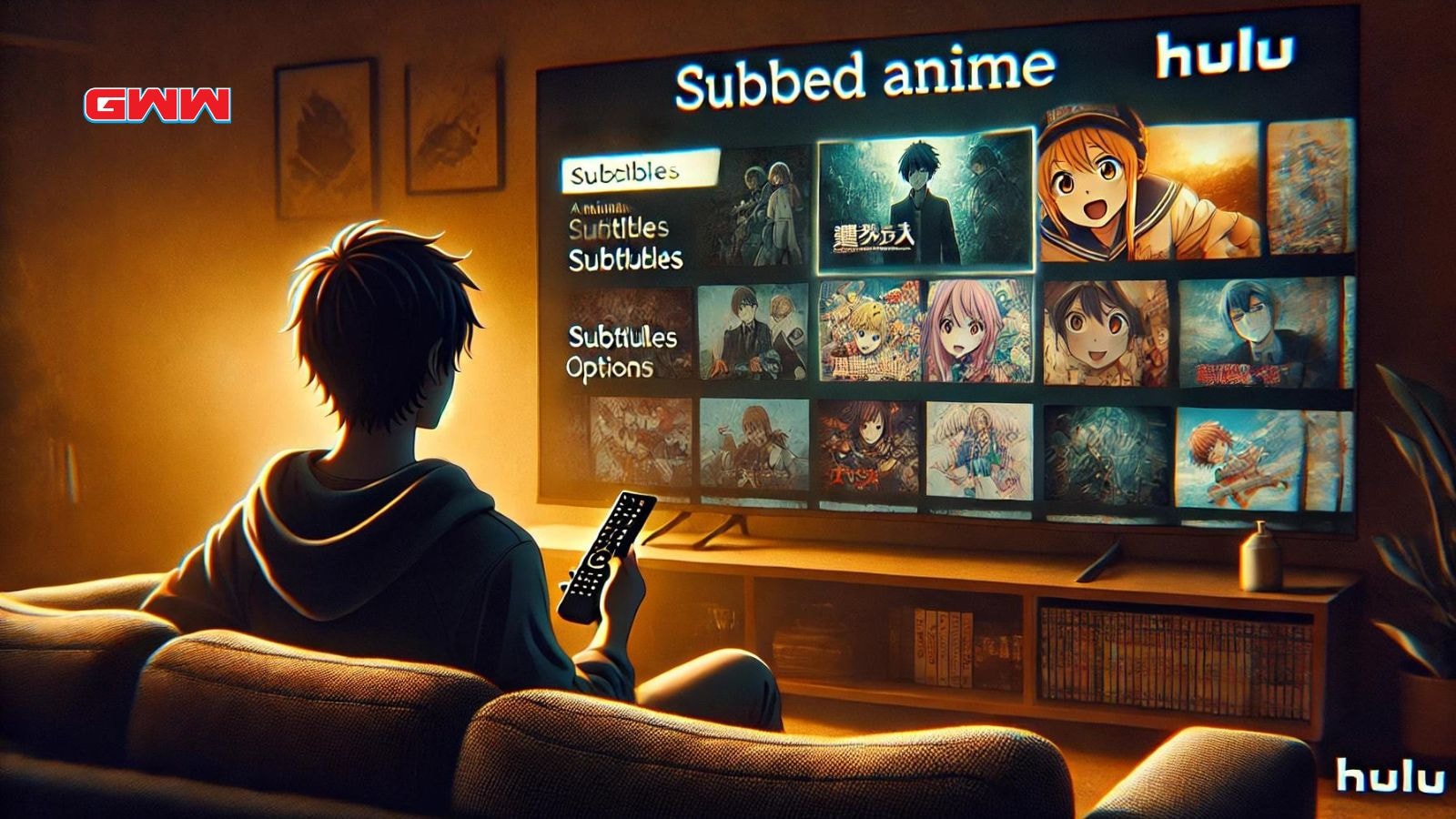 A scene showing a person comfortably watching subbed anime on Hulu.