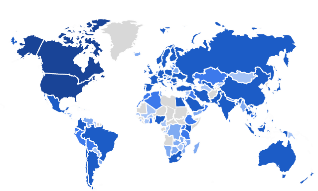 A map of countries around the world that have been viewing DSC lesson plans. The top two countries are Canada and the USA.
