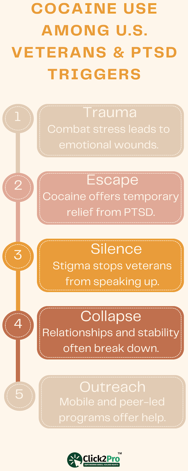Infographic showing how cocaine use affects PTSD and recovery among U.S. military veterans.