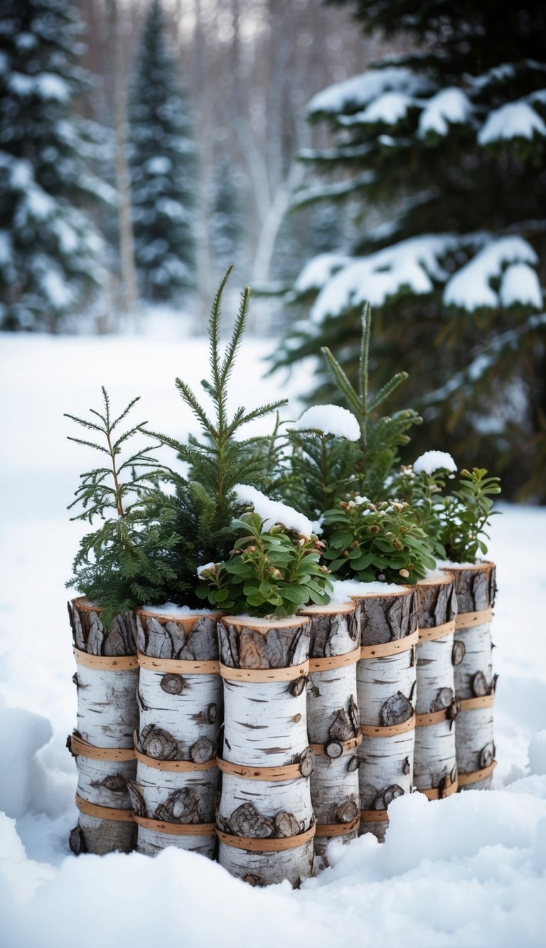 A birch bark trough filled with winter plants, surrounded by snow and evergreen trees