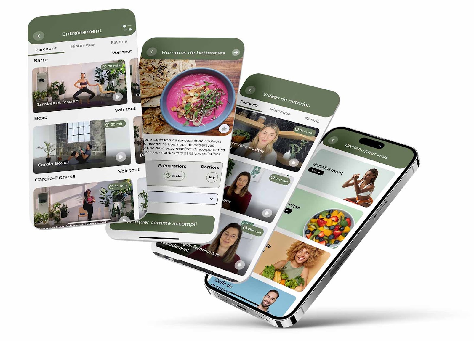 Quatre captures d'écran l'application de bien-être KoalaPro montrant des vidéos d'entraînement, une recette de houmous de betteraves, des vidéos de nutrition, et un contenu personnalisé avec des conseils sur l'alimentation et l'exercice.