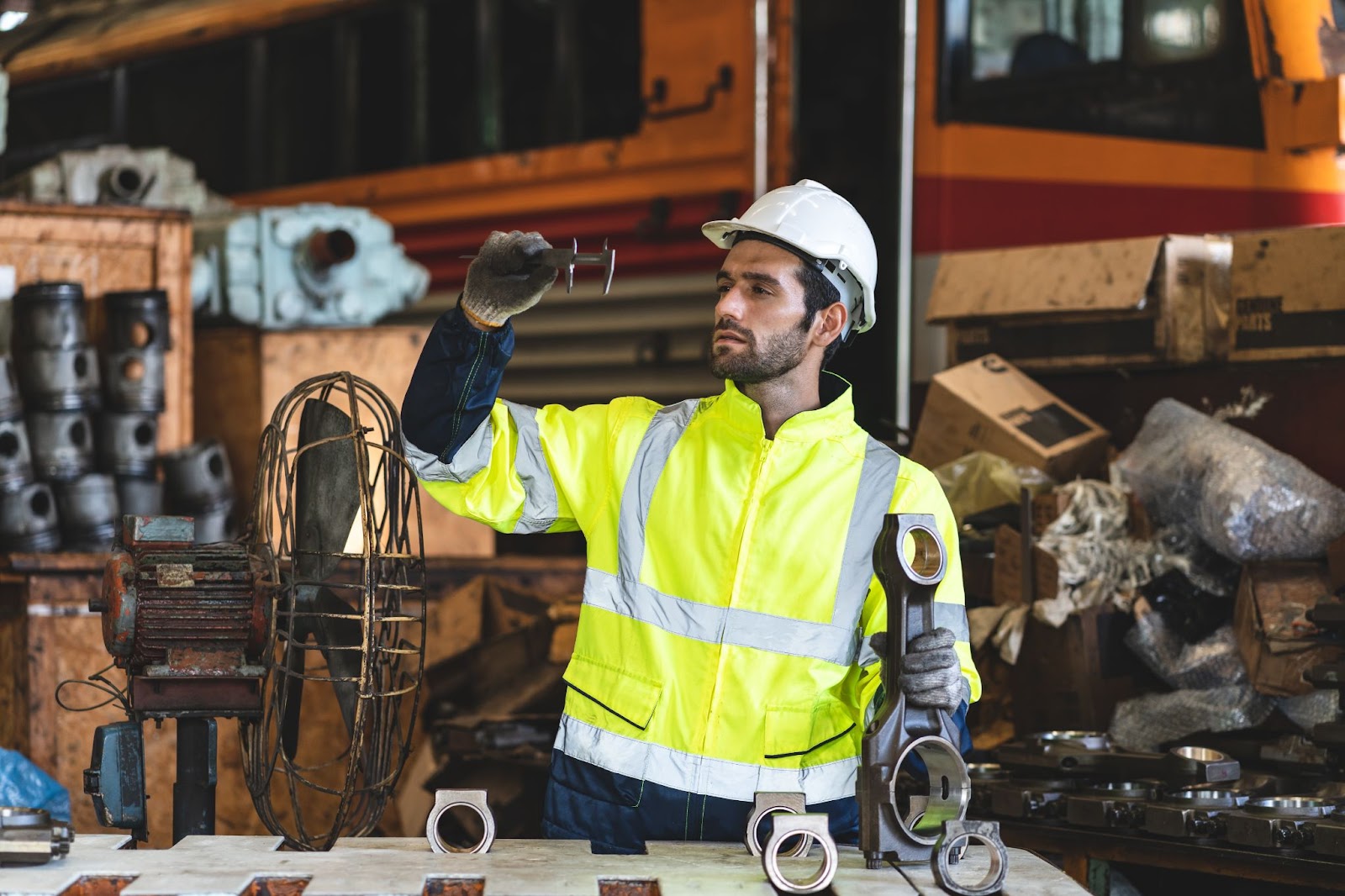 Man in a construction uniform working with metal parts. 