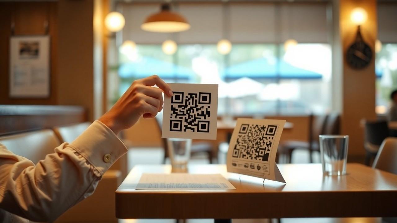 Person holding a QR code in a restaurant, with another QR code on the table for the digital menu