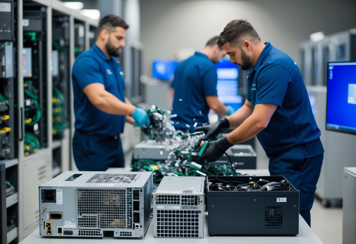 A secure facility with workers dismantling and shredding telecom equipment, while data destruction processes are carried out in the background