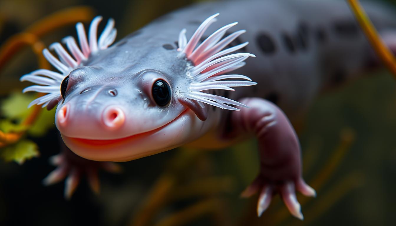Axolotl with its distinctive feathery gills and smiling expression swimming in clear water