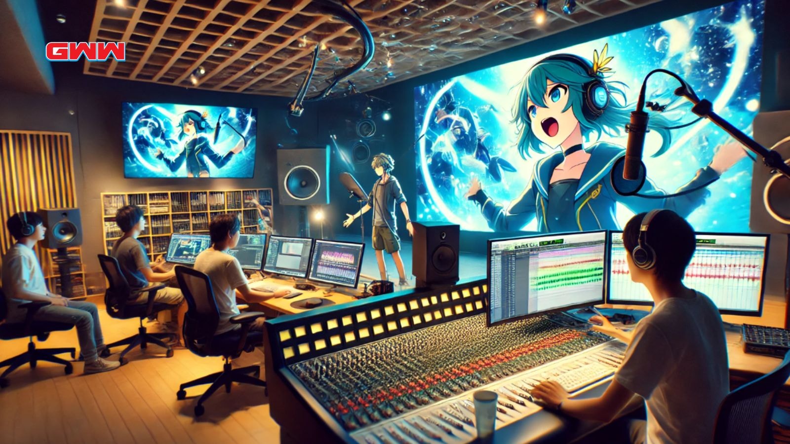 Voice-over process in anime production in a production studio with voice actors, directors, and animators