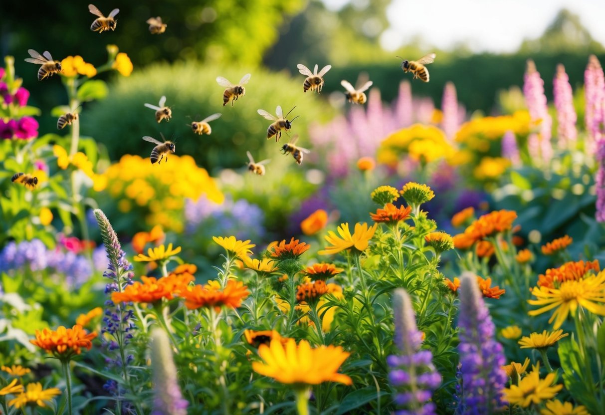 A vibrant garden filled with colorful flowers, buzzing bees, and fluttering butterflies. Various plants are strategically arranged to attract and support pollinators