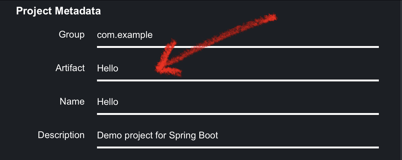 Image showing how to correctly fill the metadata for a Spring Boot project from the Spring initializer website