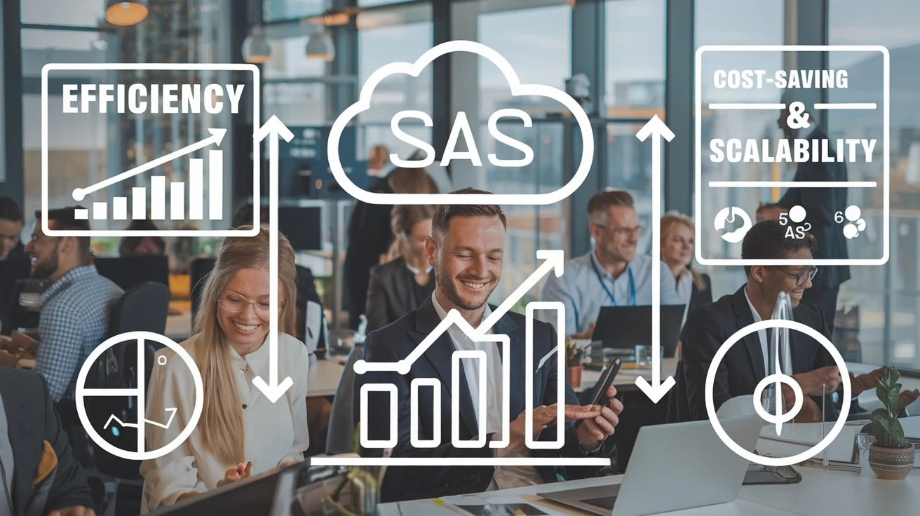 Business dashboard showcasing the benefits of SaaS, with indicators for cost savings, efficiency, and scalability