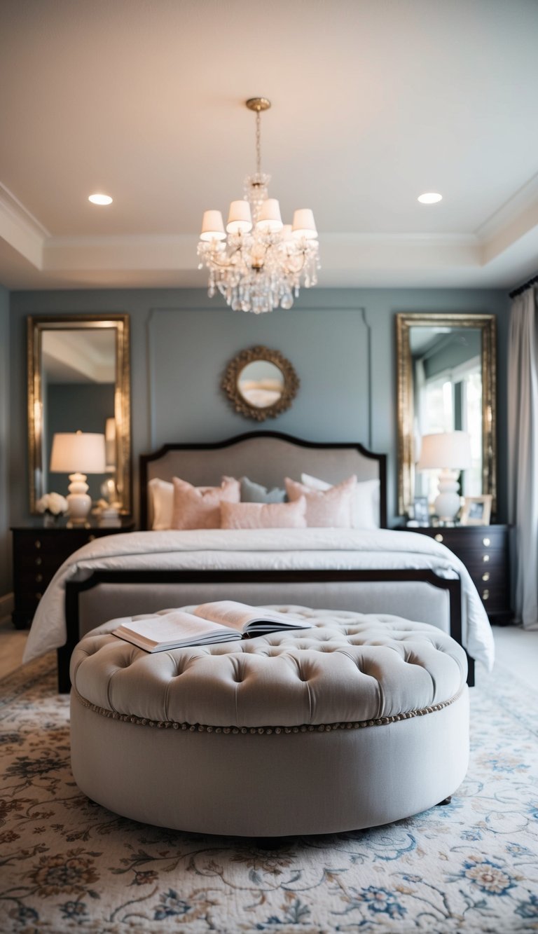 A plush ottoman sits in the center of a master bedroom, surrounded by romantic decor